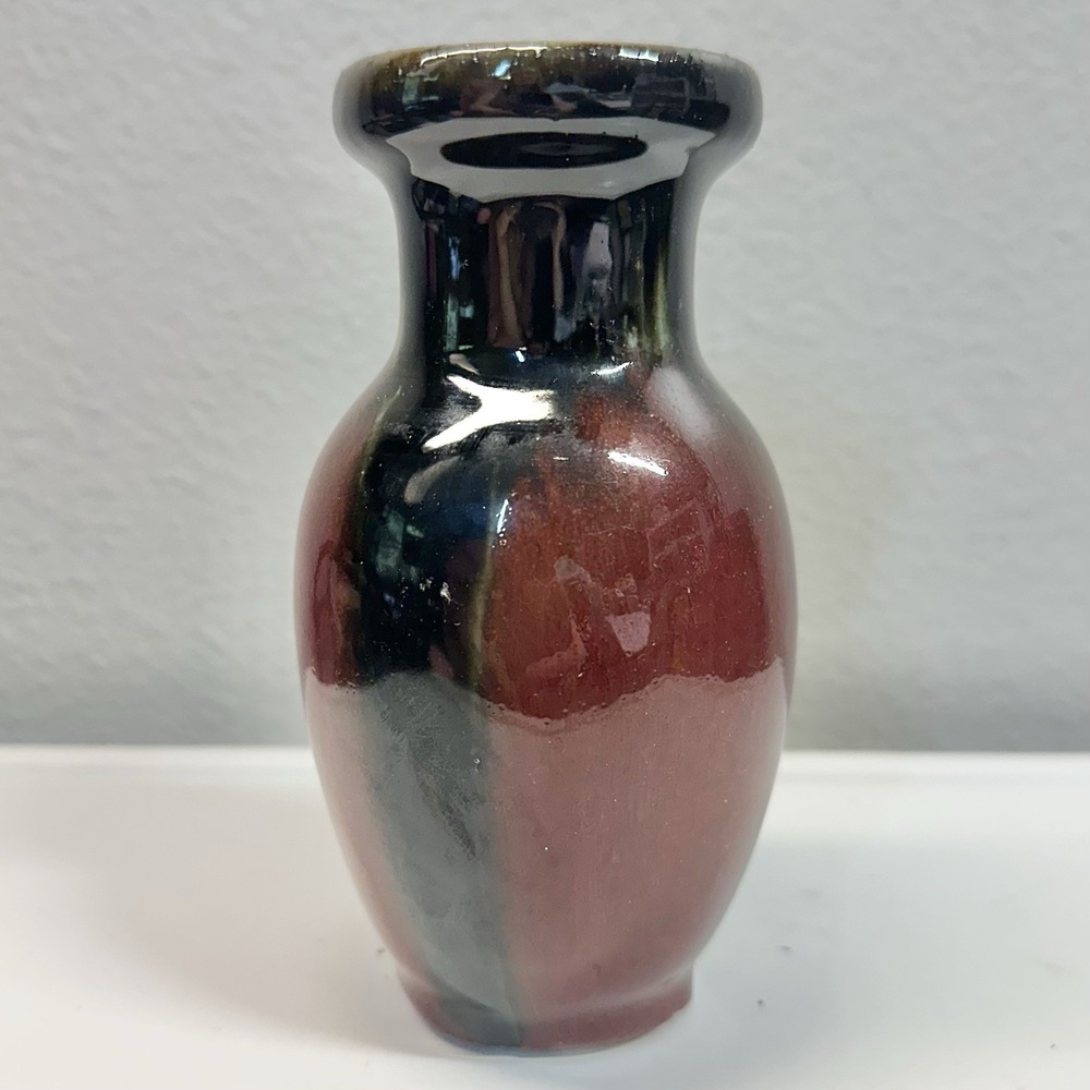 Vintage Studio Art Pottery Bud Vase Oxblood Red Black Drip‎ Glaze 6"